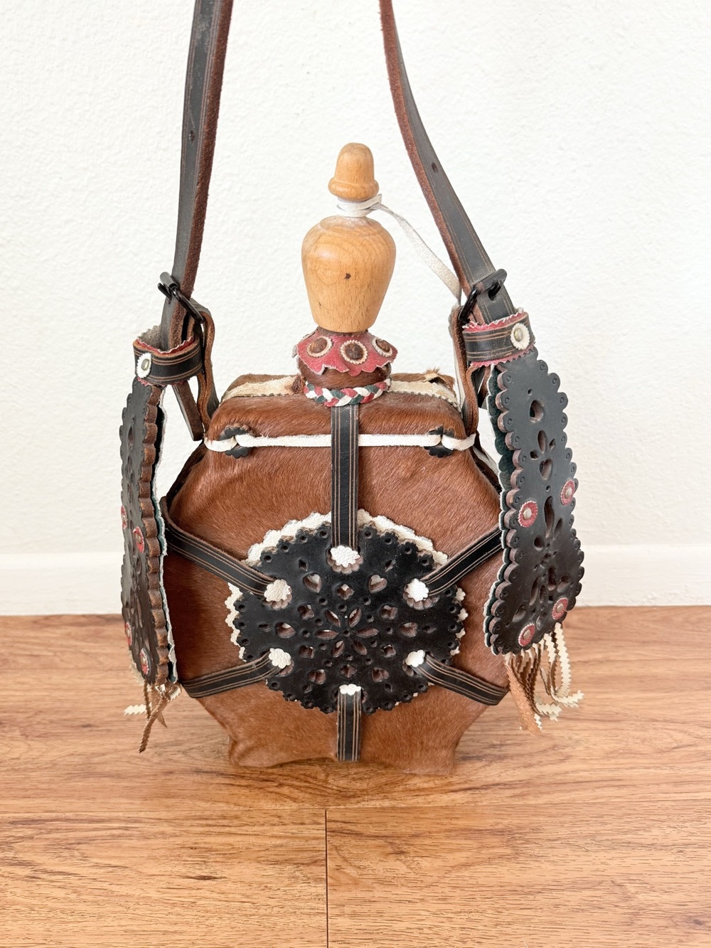 Vintage Hungarian Folk Art Leather Hide Canteen Flask Kulacs Rustic Decor